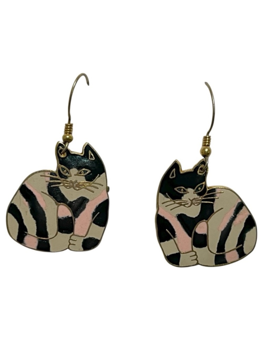 Vintage Meow Cat Enamel Dangle Earrings Gold Tone Rim Black Pink Cream Feline